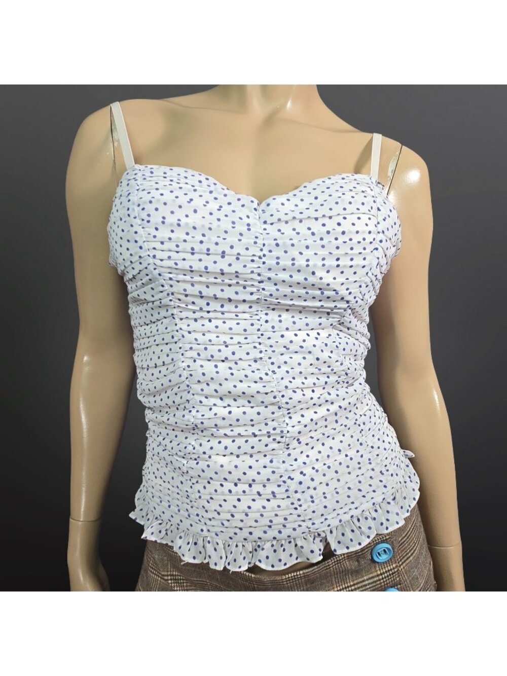 Y2K GUESS White Blue Polka Dot Chiffon Top Size M Ruched Ruffled Coquette Fairy